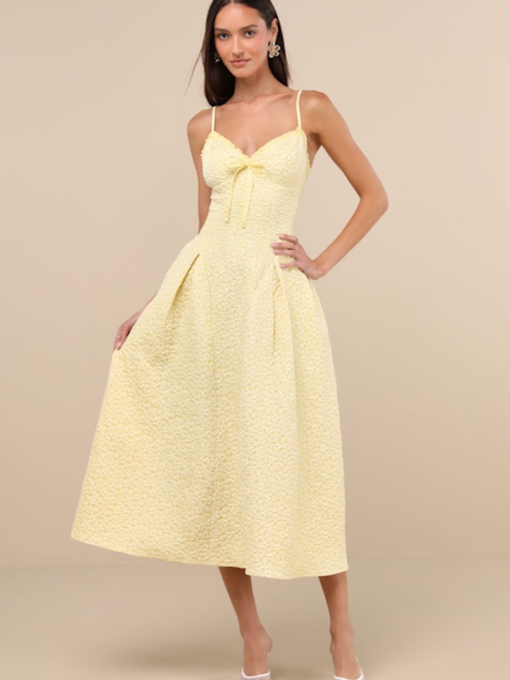 Lulus Ninetta Light Yellow Floral Jacquard Lace-up Midi Dress - Size S - Picture 1 of 1